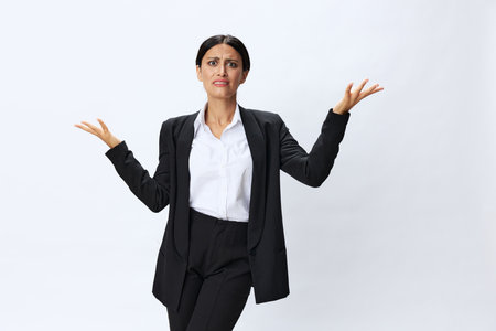 Business woman in black business suit shows signals gestures and emotions on white background, freelancer job online time management, teacher scienceの写真素材