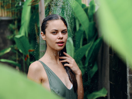 A woman, a body in a swimsuit washes her head in a tropical shower outdoors against the backdrop of green tropical leaves, flowers and palm trees. Body and hair care, tanned skin, smile, vintageの写真素材