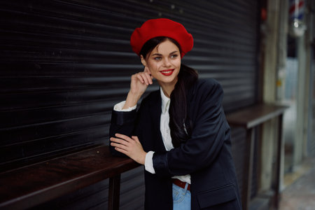 Woman smile with teeth tourist walks walks in the city studying the history and culture of the...