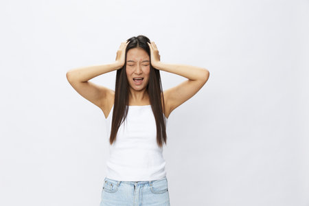 Asian woman facial skin problems, acne and inflammation, red rashes and allergies, chicken pox,...