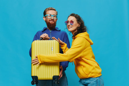 Woman and man smile sitting on suitcase with yellow suitcase smile, on blue background, packing for trip, family vacation trip.の写真素材