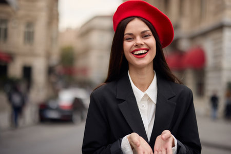Fashion woman portrait smile teeth standing on the street in the city background in stylish clothes with red lips and red beret, travel, cinematic color, retro vintage style, urban fashion lifestyle.の写真素材