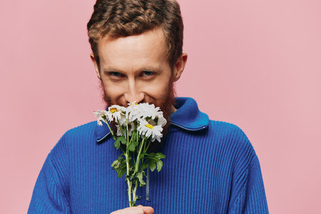 Portrait of a funny man smiling with a bouquet of flowers daisies on pink isolated background, copy place. Holiday concept and congratulations, Valentines Day, Womens Day.の写真素材
