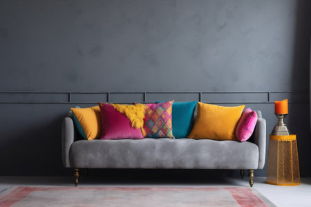 interior background brick sofa concrete luxury pillows living design cushion. Generative AI.の素材