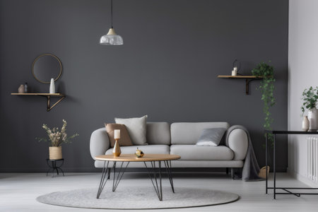 interior background floor carpet cushion loft style furniture lounge scandinavian living concrete wall. Generative AI.の素材