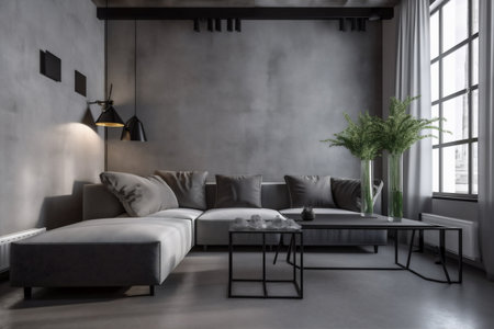 interior background render carpet white room sofa light living concrete decor green three-dimensional. Generative AI.の素材