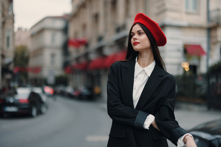 Fashion woman portrait standing on the street in front of the city in stylish clothes with red lips and red beret, travel, cinematic color, retro vintage style, urban fashion lifestyle.の写真素材