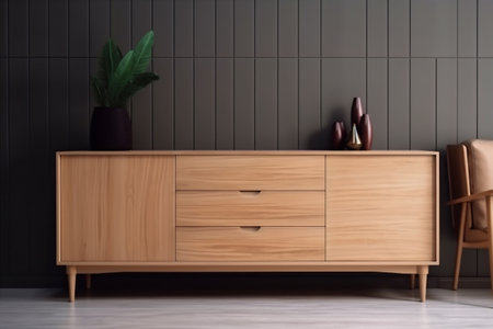 interior background house scandinavian light room wood three-dimensional chest wooden. Generative AI.の素材