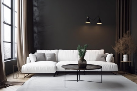 interior luxury loft home couch green scandinavian room render modern. Generative AI.の素材