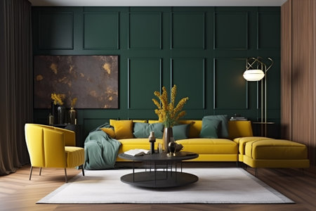 interior background living room apartment modern style living furniture design cushion render simple wall. Generative AI.の素材