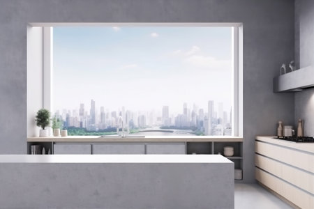 interior nobody island cabinet light living kitchen rendering furniture sink. Generative AI.の素材