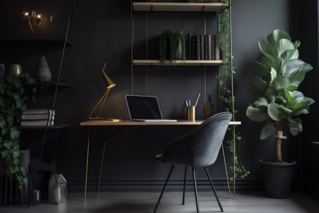 interior background gray lamp workspace style pc indoor chair desk beautiful workplace. Generative AI.の素材