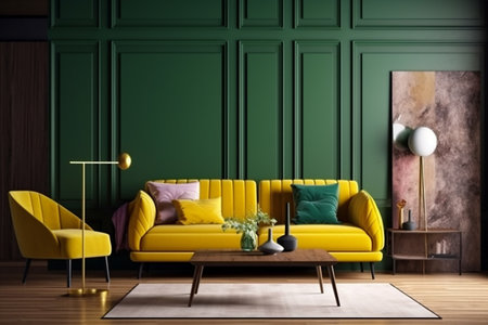 interior background home stylish green cosy cushion decoration wall render brick design. Generative AI.の素材