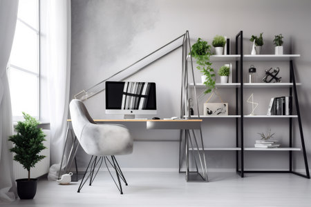 interior background beautiful business contemporary shelf indoor table computer plant nobody. Generative AI.の素材