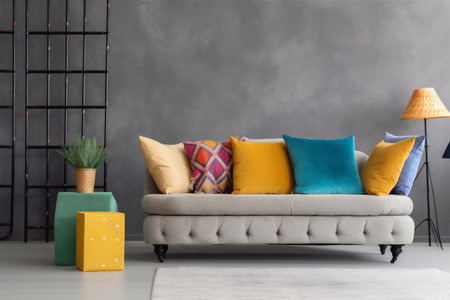 interior background sofa three-dimensional empty modern cushion decor grey apartment. Generative AI.の素材