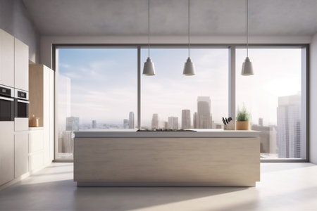 interior kitchen home gray architecture new contemporary table light design. Generative AI.の素材