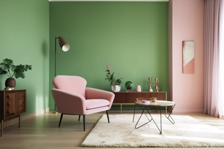 interior background copy space trendy house brick floor room decoration couch. Generative AI.の素材