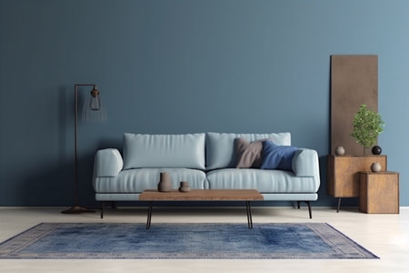 interior background light lamp blue decoration mock up apartment lifestyle empty modern carpet design. Generative AI.の素材