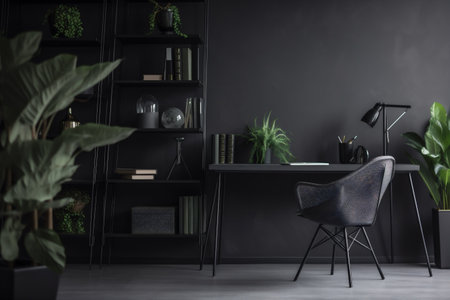 interior background computer furniture shelf office room desk table light style. Generative AI.の素材