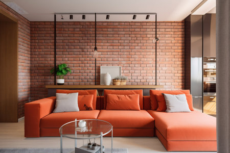 interior background lifestyle decoration orange design indoor floor terracotta green. Generative AI.の素材