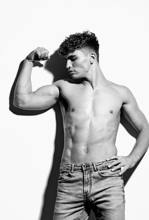 man white sport model strong body background fashion healthy athlete young bodybuildingの写真素材