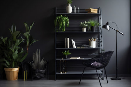 interior business gray armchair shelves stylish style living space decor light trendy wall. Generative AI.の素材