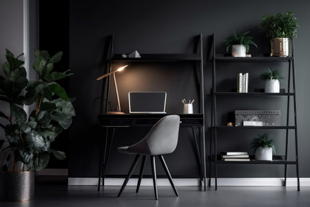 interior background mockup trendy desk office pc light shelves technology style table apartment. Generative AI.の素材