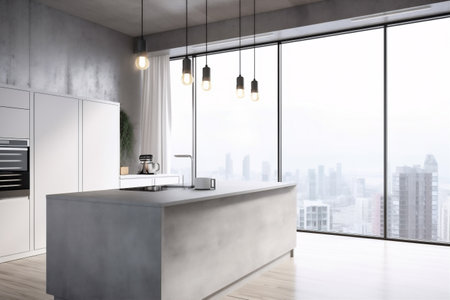 interior style contemporary residential kitchen furniture modern home apartment house cabinet. Generative AI.の素材