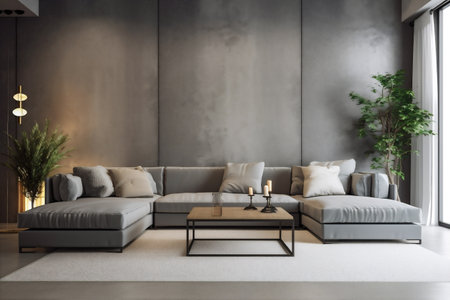 interior background trendy lamp cushion contemporary wall living room pillow carpet empty grey. Generative AI.の素材