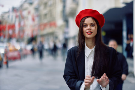 Happiness woman jumps and runs, follow me walks walks in the city against the backdrop of office buildings, stylish fashionable vintage clothes and make-up, spring walk, travel.の写真素材
