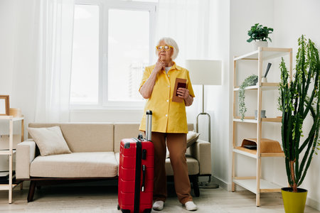 Happy senior woman with passport and travel ticket packed a red suitcase, vacation and health care. Smiling old woman joyfully stands in the house before the trip.の写真素材
