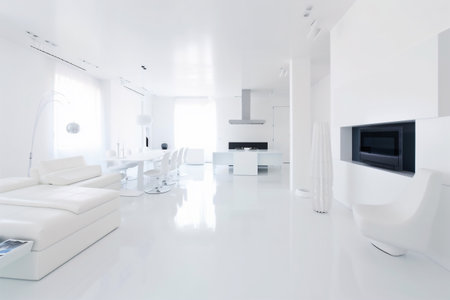 interior couch contemporary staircase indoor chair seat home apartment carpet room hall d. Generative AI.の素材