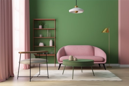 interior background trendy style sofa pink house mock up modern furniture living room lounge. Generative AI.の素材