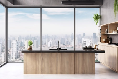 interior room render wooden table nobody dining island wood appliance cabinet residential apartment. Generative AI.の素材