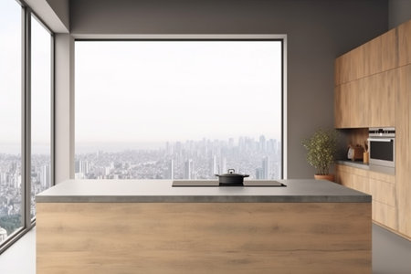 interior rendering living lifestyle light island indoor kitchen modern home cabinet floor dining. Generative AI.の素材