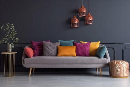 interior background light luxury pillow home empty couch lounge cosy cushion style trendy. Generative AI.の素材