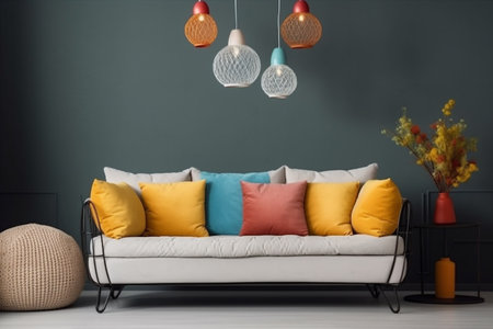 interior background light furniture render living loft modern copy space lamp room sofa apartment. Generative AI.の素材