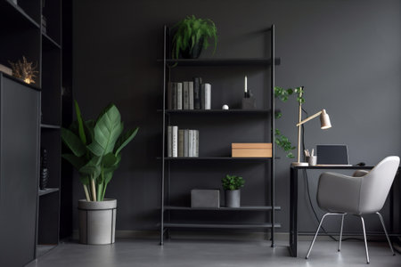 interior computer wall home shelf room decor indoor stylish dark. Generative AI.の素材