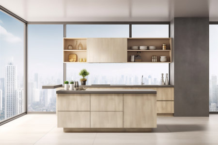 interior style hardwood wood room indoor island lifestyle cabinet beige residential rendering luxury. Generative AI.の素材