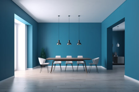 interior art vintage dinner up home mock indoor decoration blue floor style. Generative AI.の素材