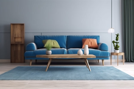 interior house style decor lamp modern couch blue brick simple furniture white design. Generative AI.の素材