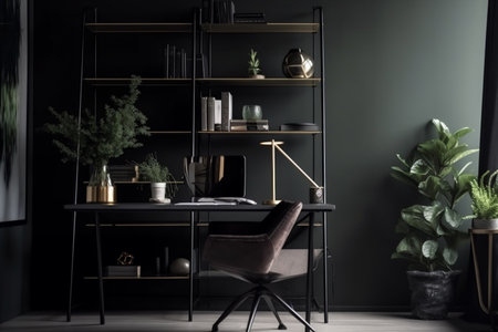 interior background technology shelves room wall desktop light computer apartment shelf. Generative AI.の素材