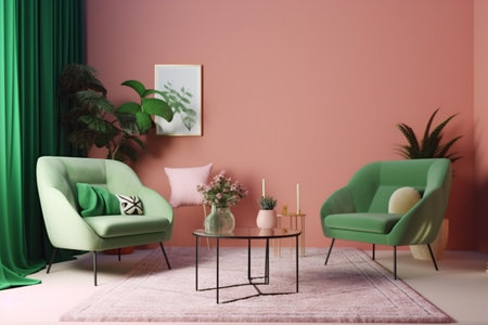 interior background lifestyle three-dimensional furniture stylish decor lamp mock up house couch pink. Generative AI.の素材