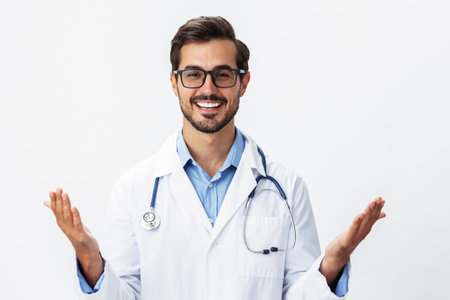 A man doctor in a white coat and eyeglasses with a smile with teeth on a white isolated background looking into the camera, copy space, text space, healthの写真素材