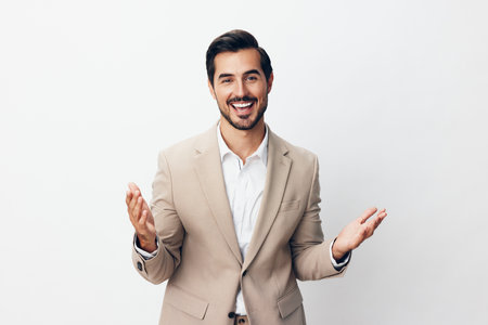 business man businessman work background arm happy suit victory beige winner handの写真素材