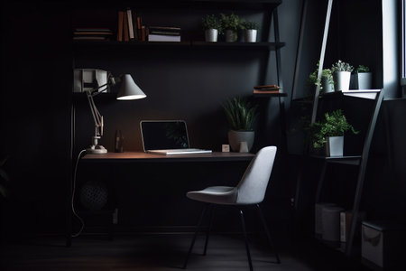 interior background technology desk wooden lifestyle workspace contemporary stylish style laptop decor. Generative AI.の素材
