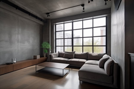 interior background stylish room floor living trendy loft living room pillow furniture wall space. Generative AI.の素材