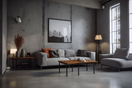 interior sofa lounge space loft room cosy lamp stylish white wall. Generative AI.の素材