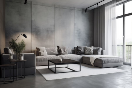 interior background scandinavian living room grey room simple lamp space lifestyle three-dimensional concrete. Generative AI.の素材