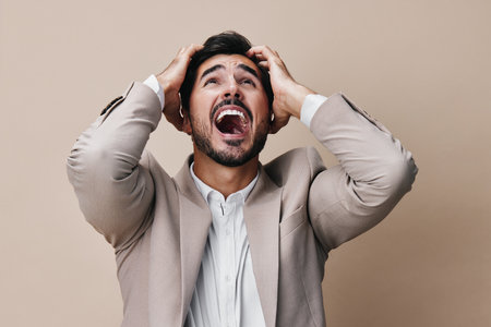 screaming man work sad suit crazy business businessman angry boss handの写真素材